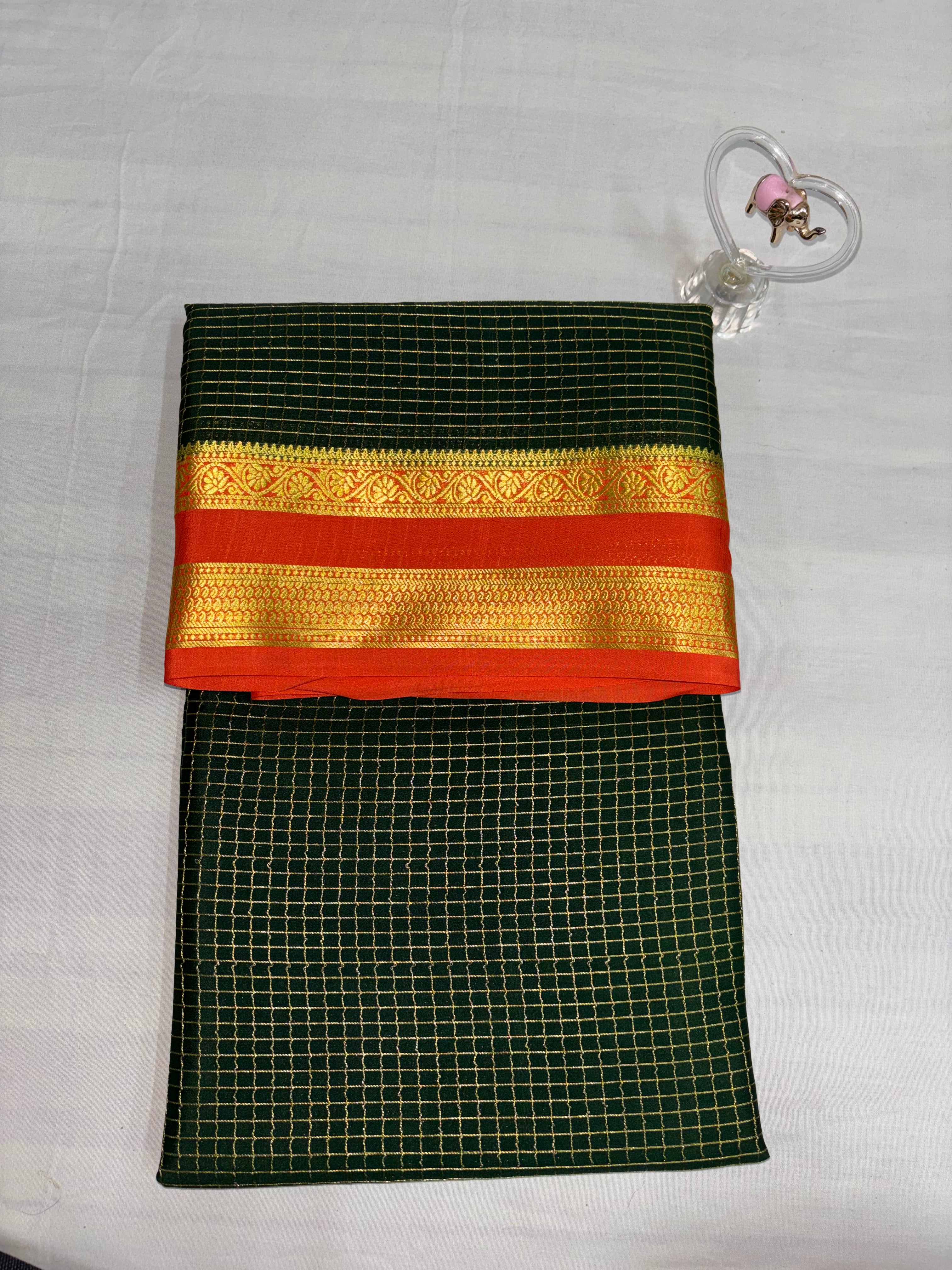 100 GSM Checks Body With Double Border Pure Mysore Silks Bottle Green Saree