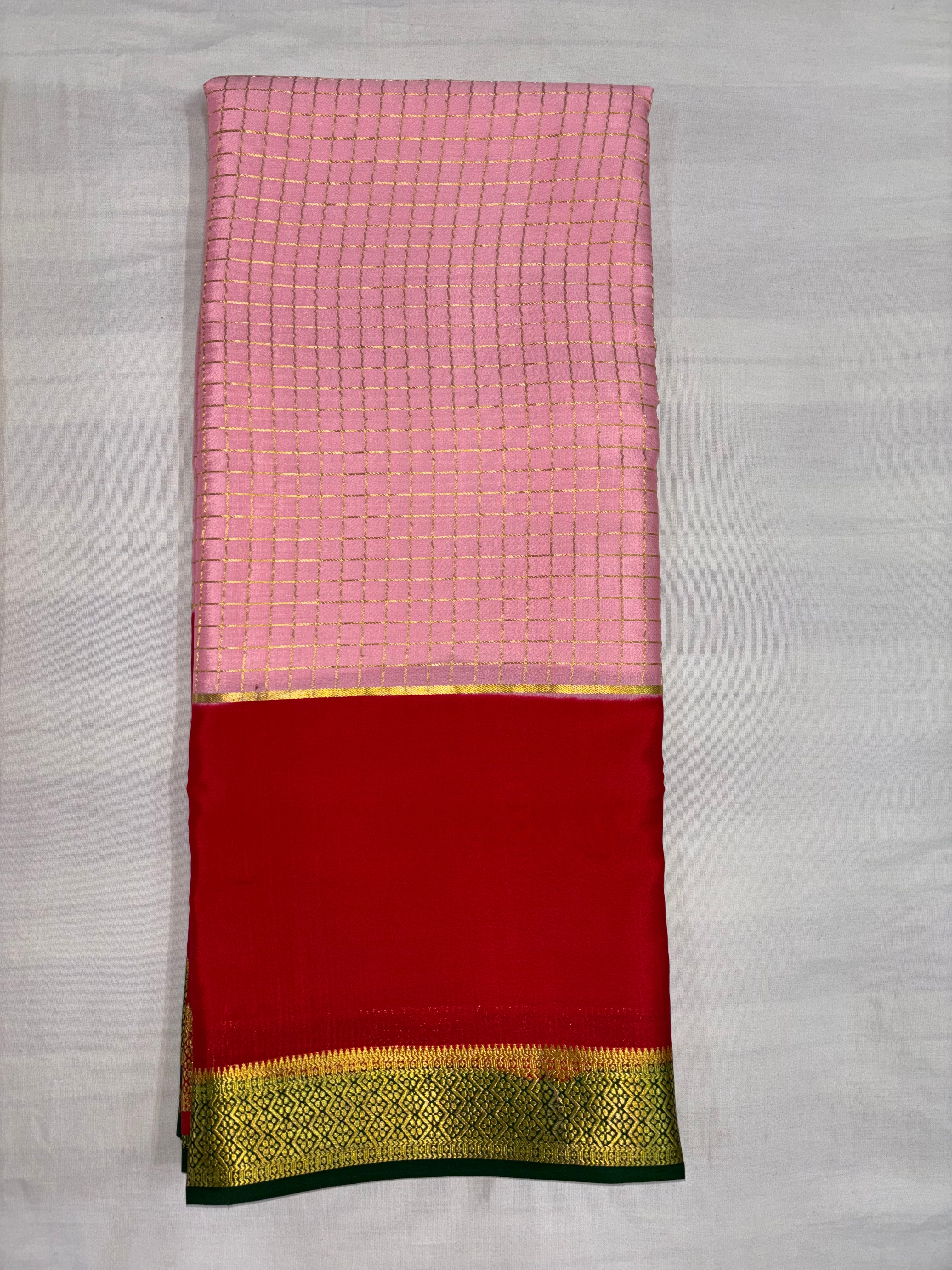 100 GSM 3D Pure Mysore Silk Saree ,Baby Pink ,Red and Bottle Green