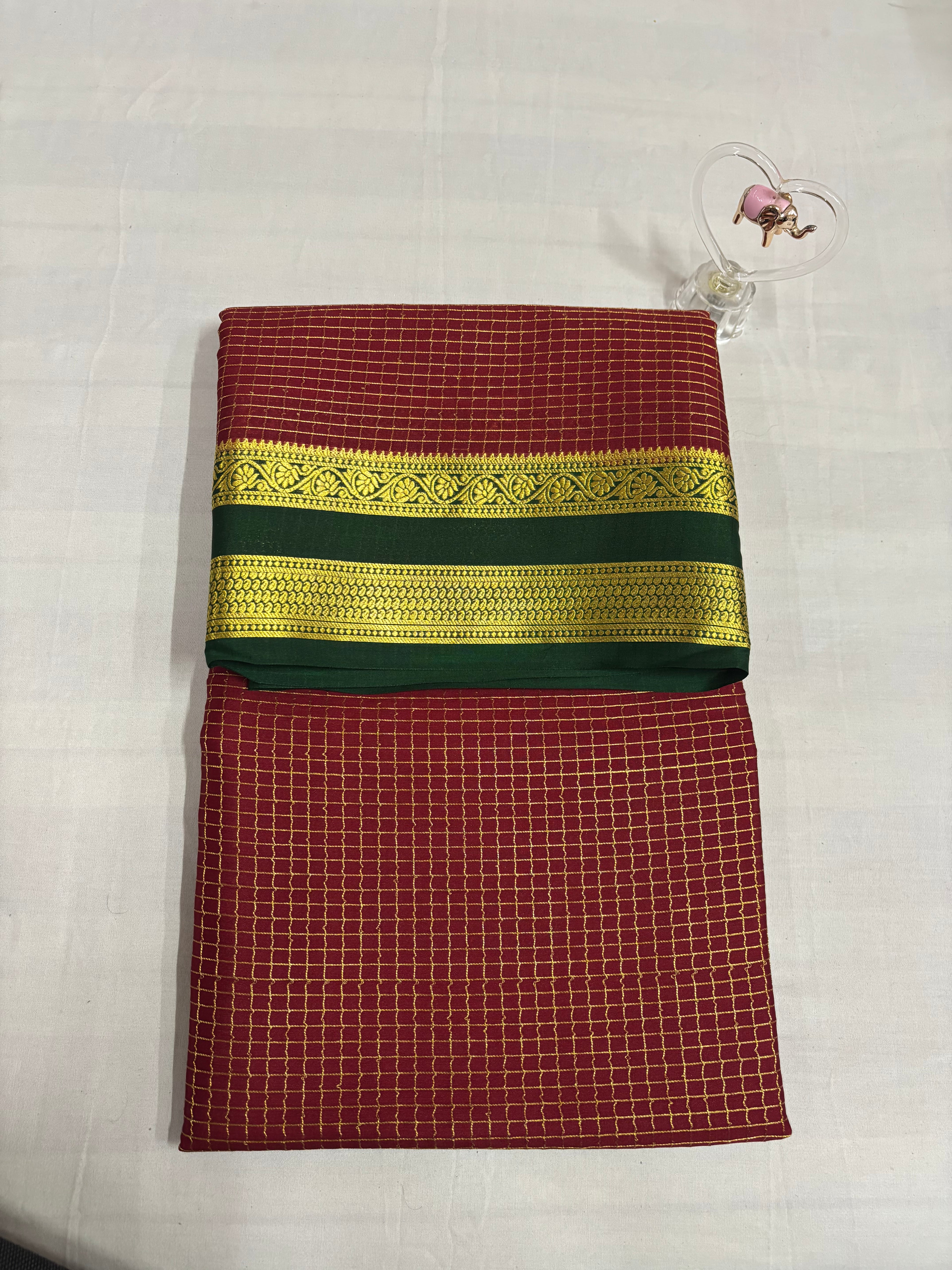 100 GSM Checks Body With Double Border Pure Mysore Silks Bottle Maroon Colour Saree