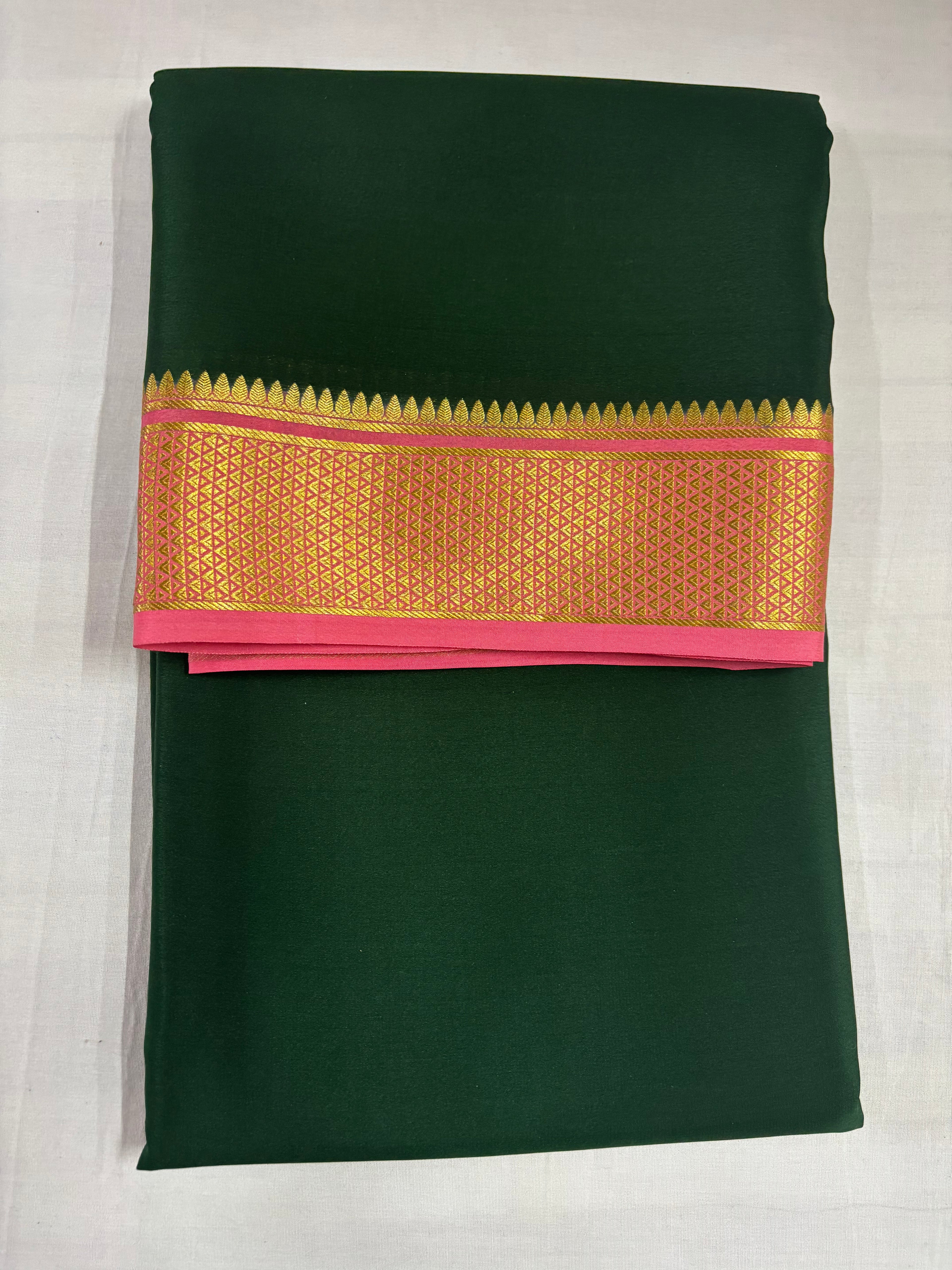 100 GSM Pure Mysore Silk Saree, Diamond Border, Bottle Green With Baby Pink Border
