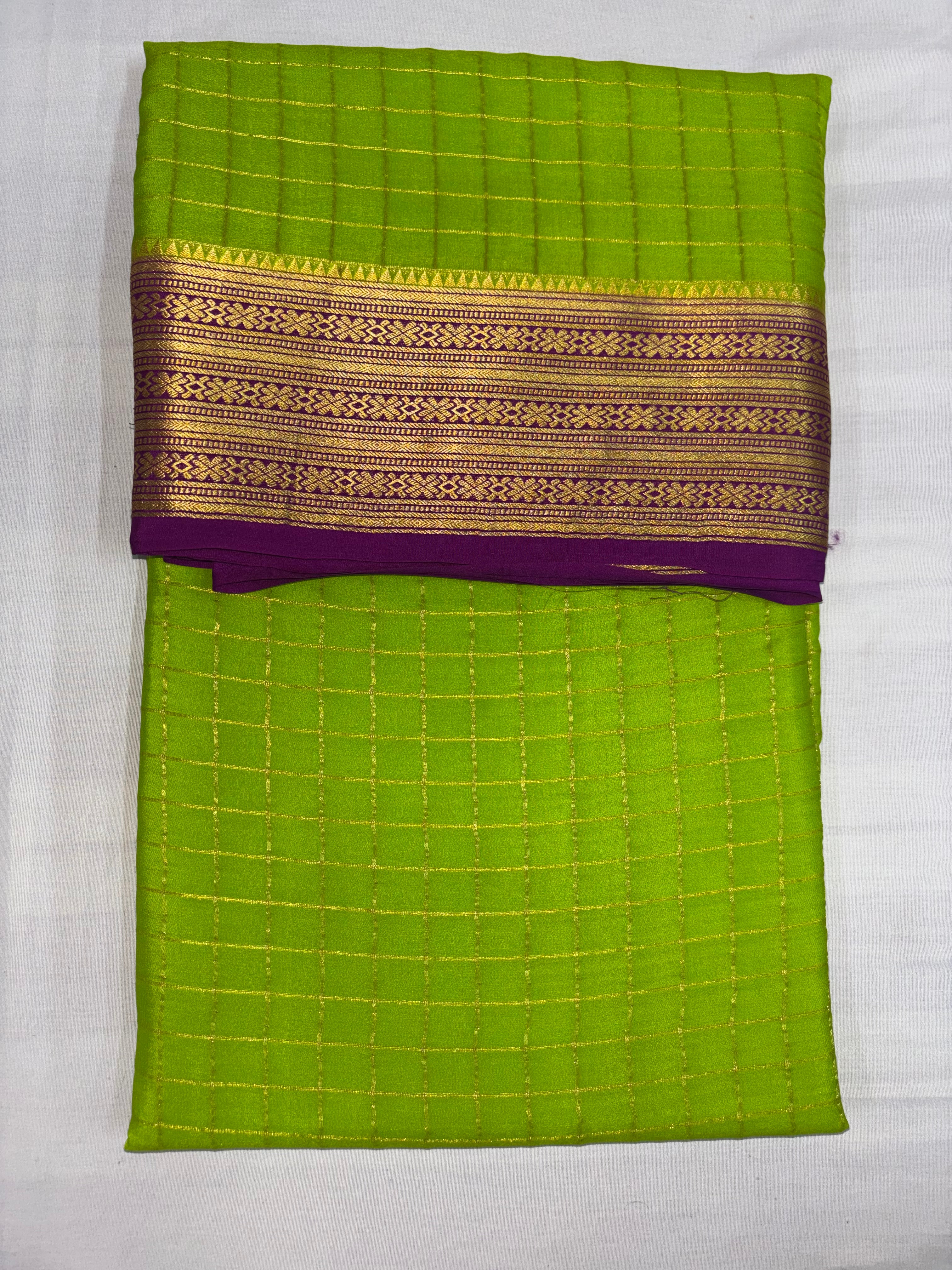 100 GSM Pure Crepe Mysore Silk Checks Saree – Light Green with Purple Contrast Border