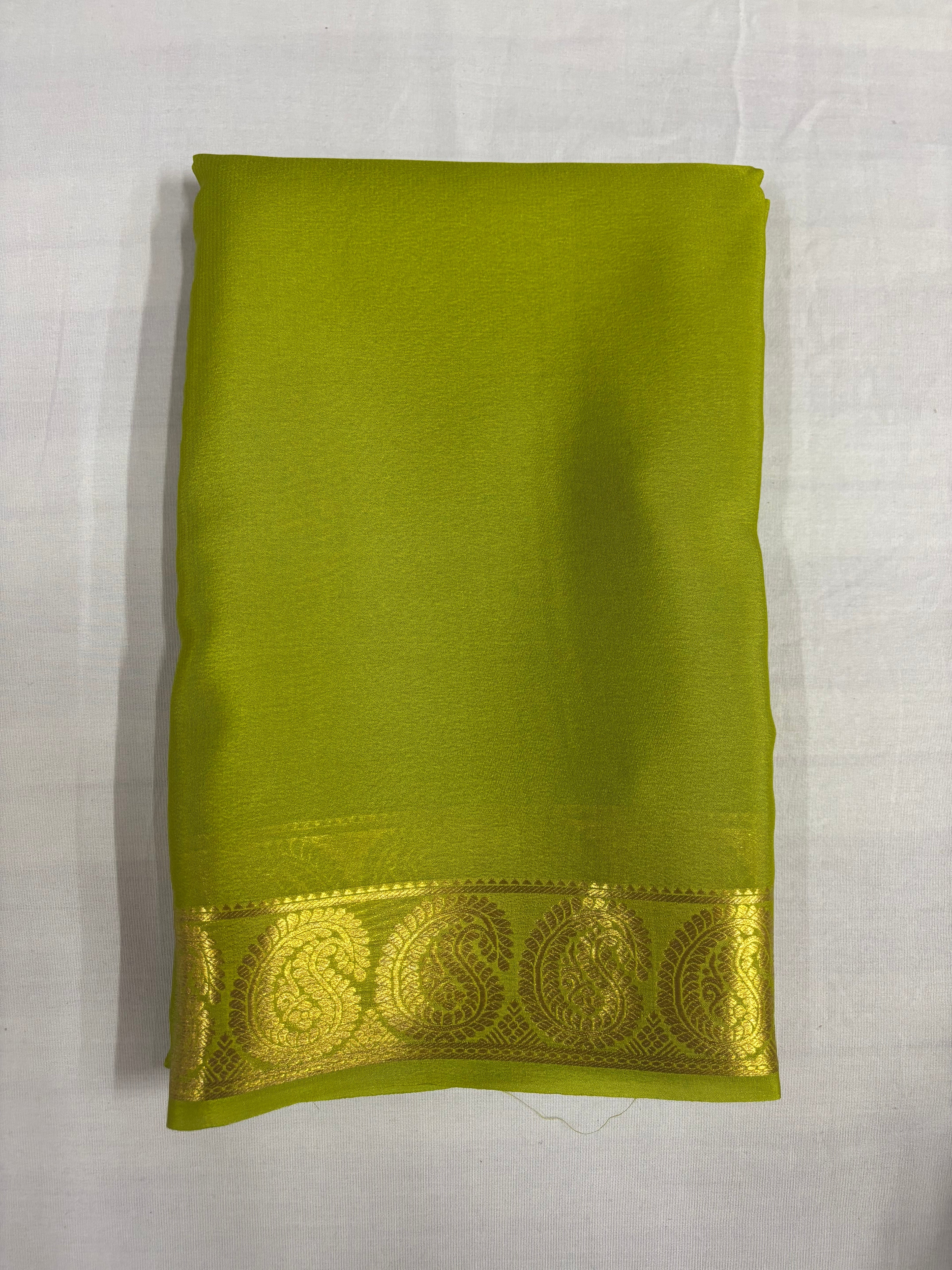 65 GSM Pure Mysore Silk Saree , Mango Border-Olive green Self Colour