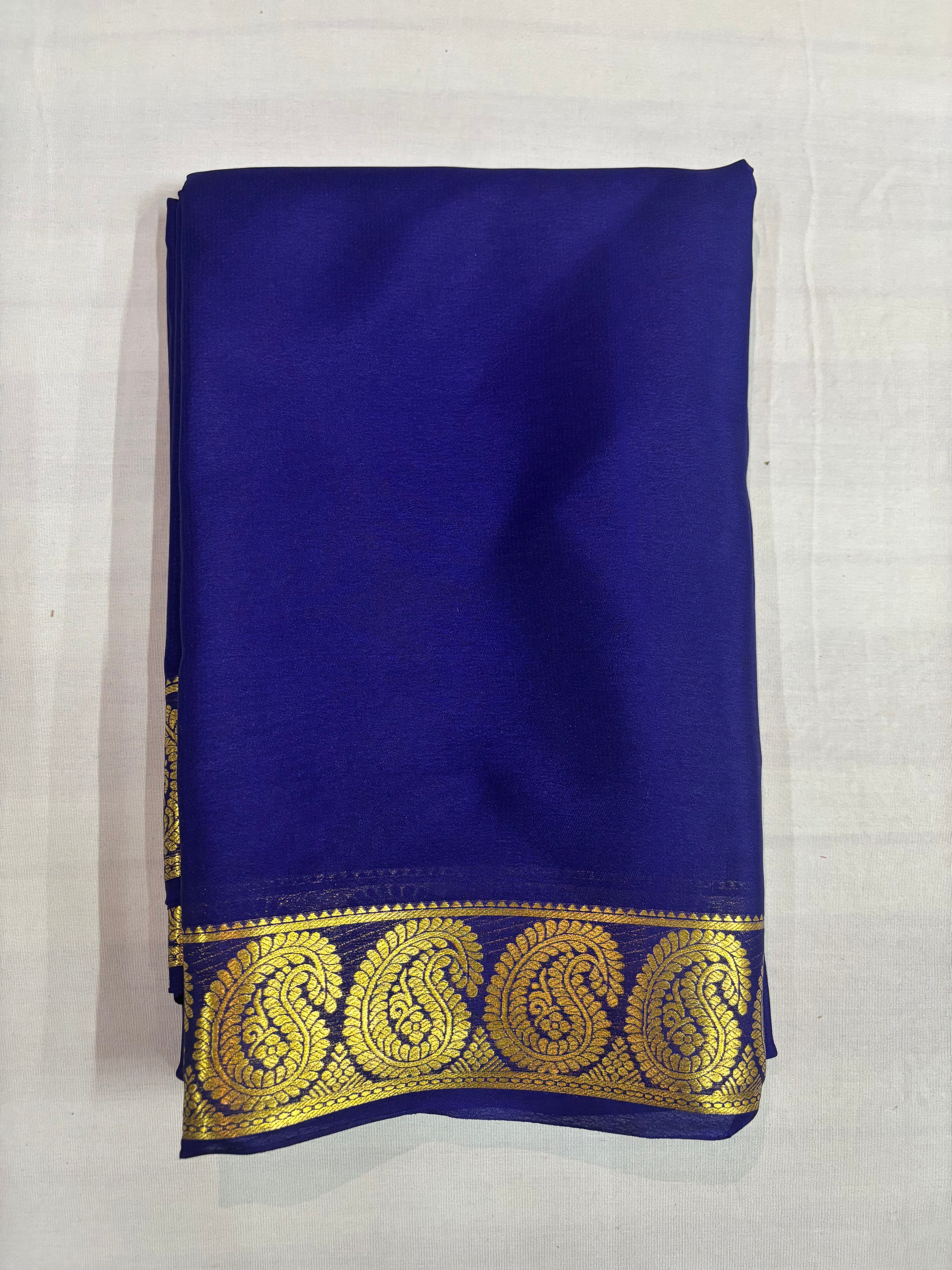 65 GSM Pure Mysore Silk Saree , Mango Border-Navy Blue Self Colour