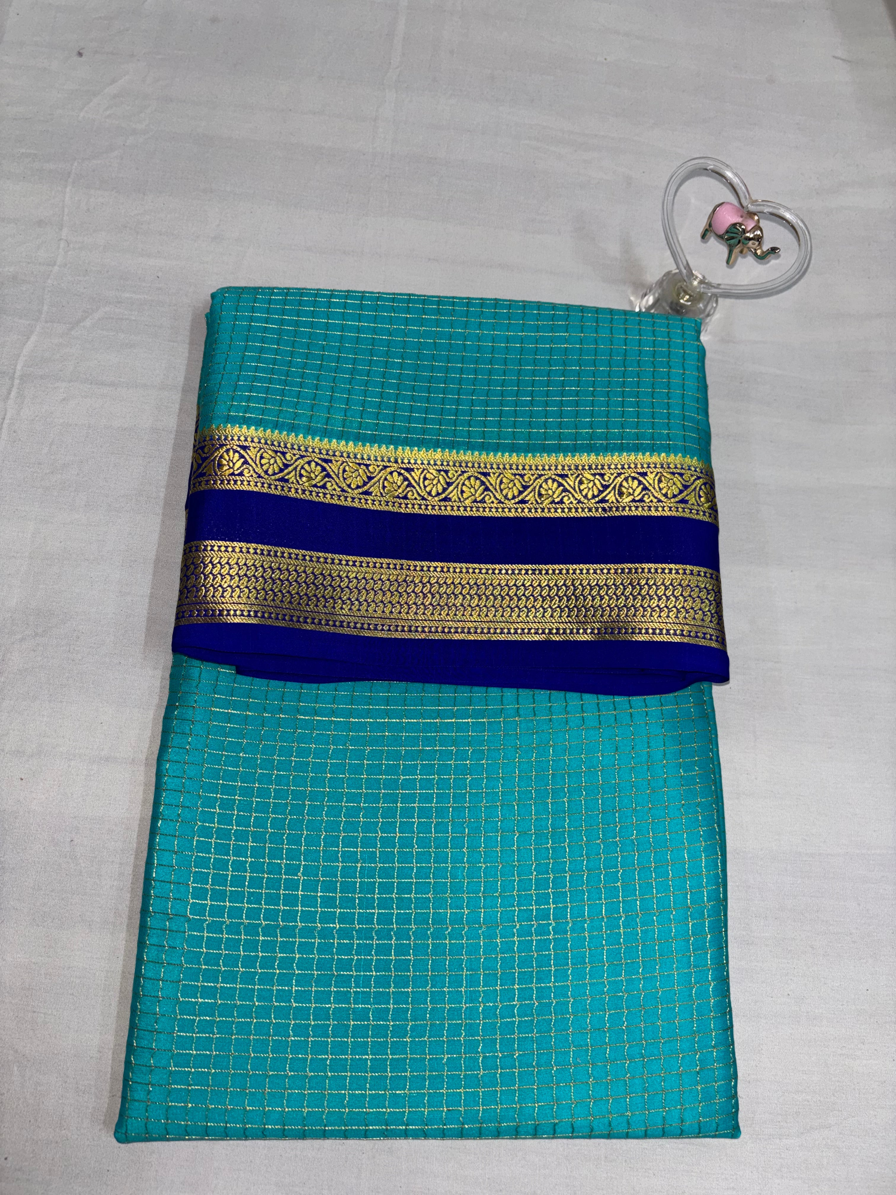 100 GSM Checks Body With Double Border Pure Mysore Silks Blue Saree