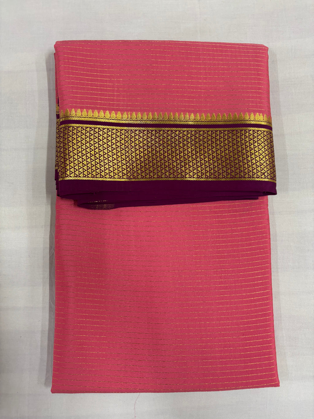 100 GSM Pure Mysore Silk Pink Saree, Jari Salari With Contrast Gatti Border