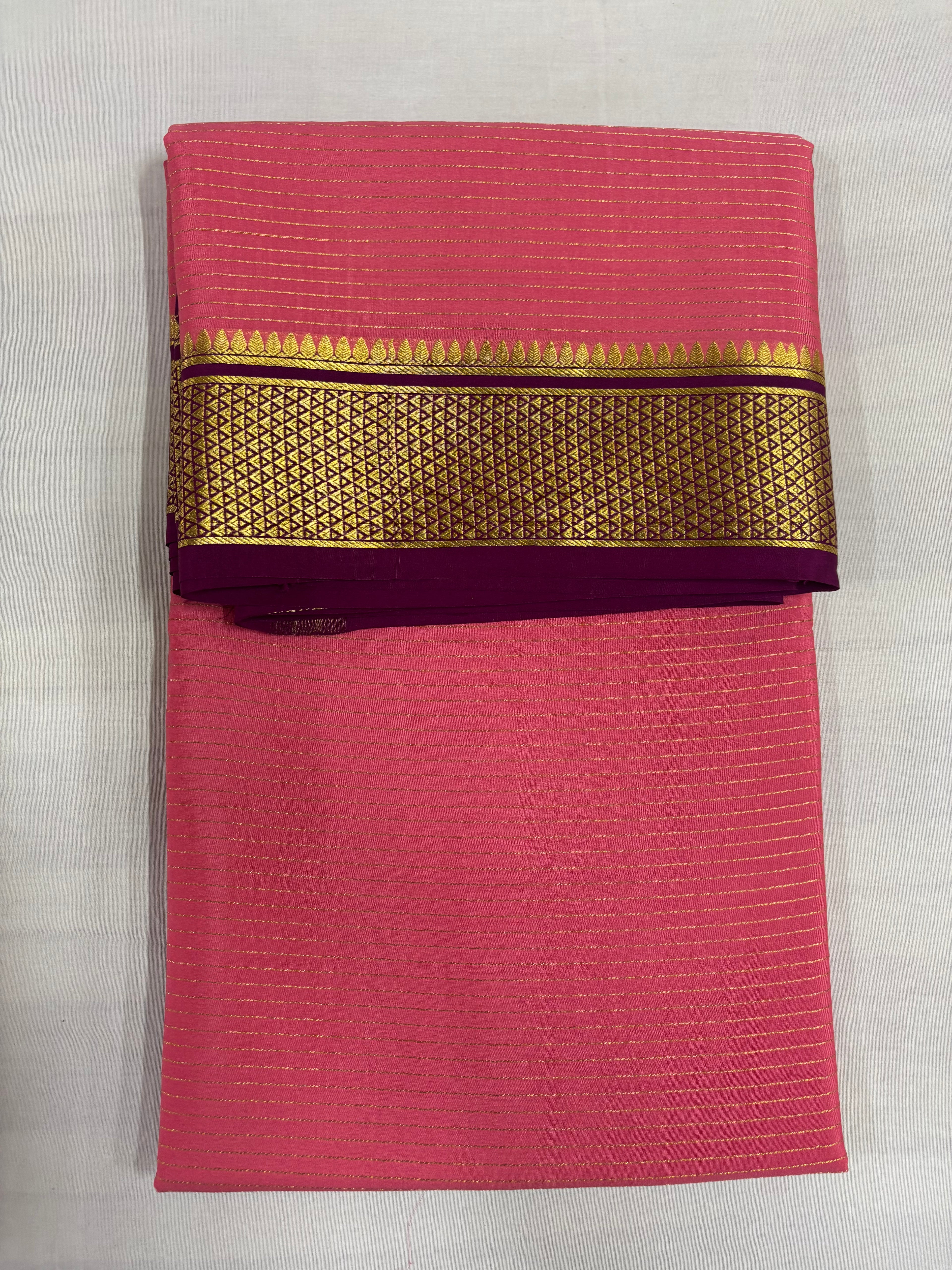 100 GSM Pure Mysore Silk Pink Saree, Jari Salari With Contrast Gatti Border