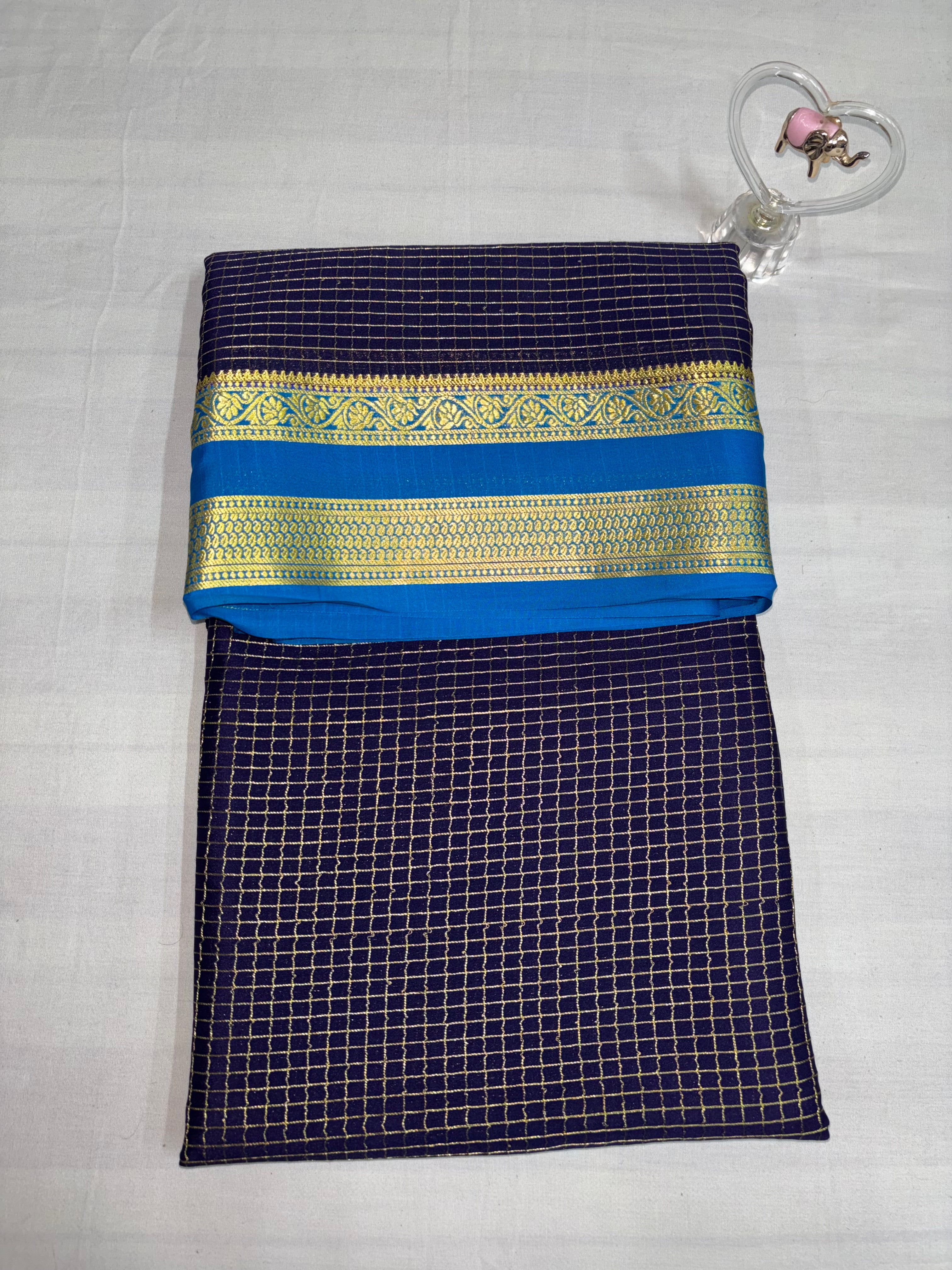 100 GSM Checks Body With Double Border Pure Mysore Silks Bottle Navy Blue  Colour Saree