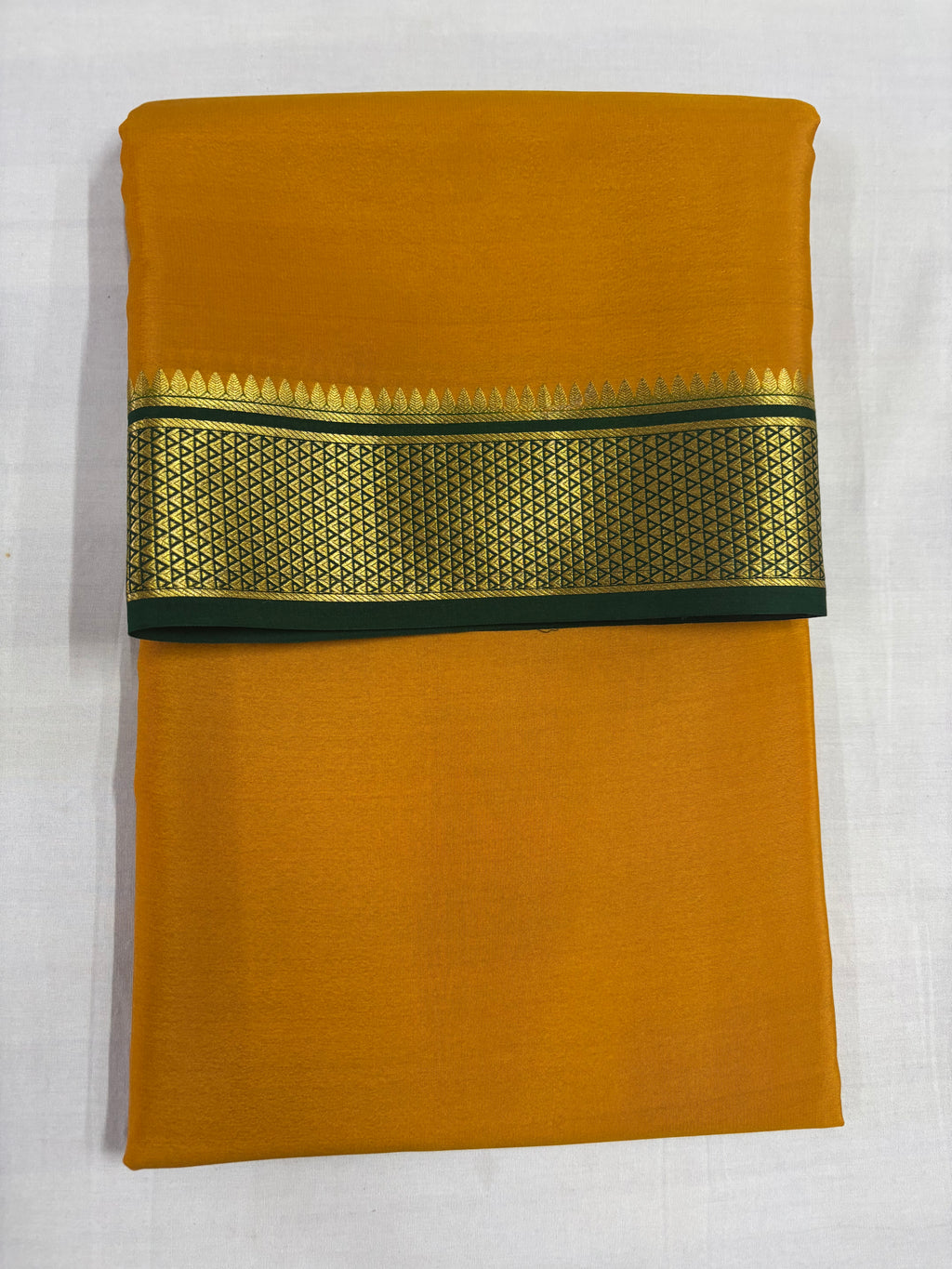 100 GSM Pure Mysore Silk Saree, Diamond Border, Mustard With Bottle Green Border