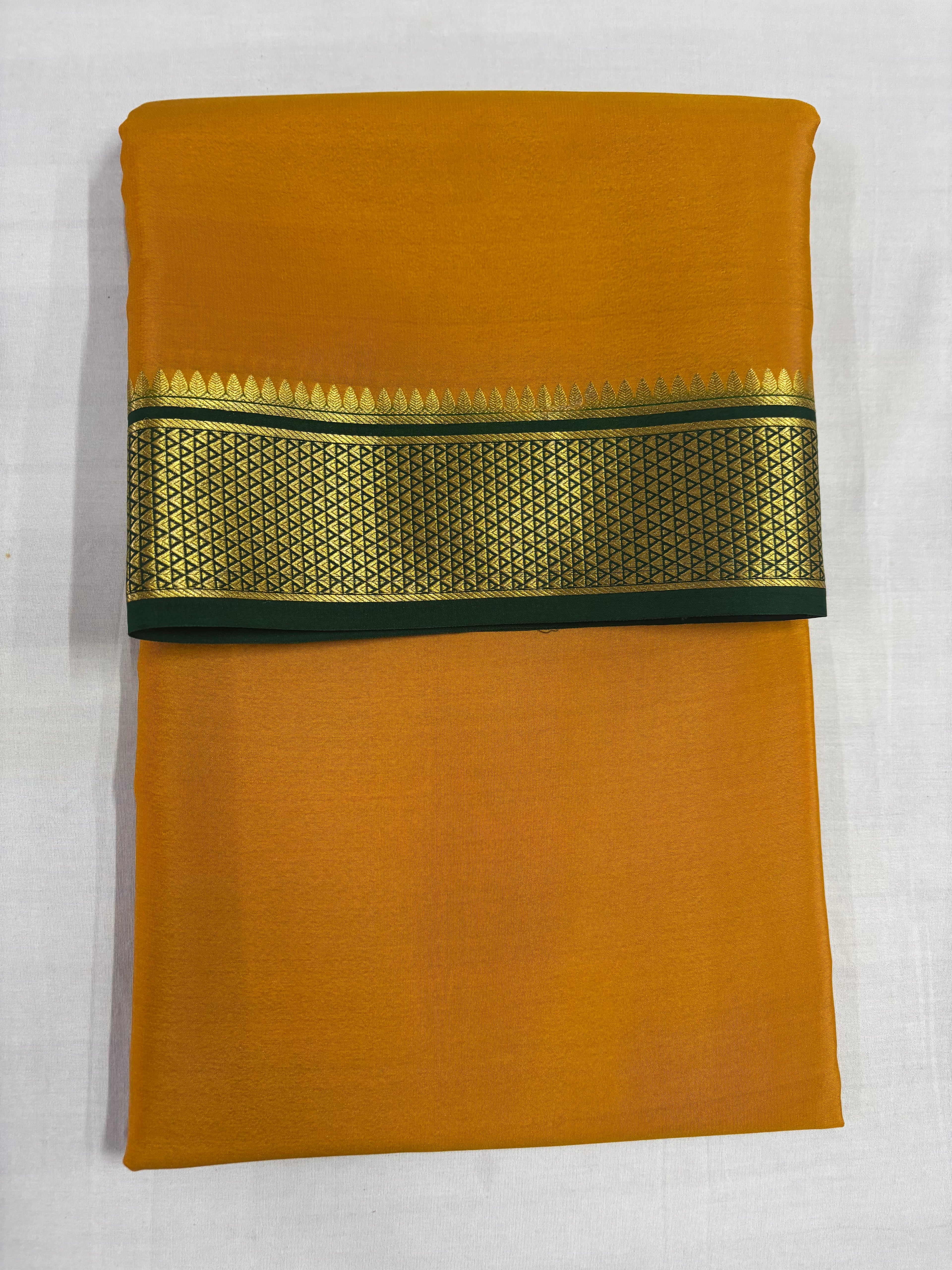 100 GSM Pure Mysore Silk Saree, Diamond Border, Mustard With Bottle Green Border