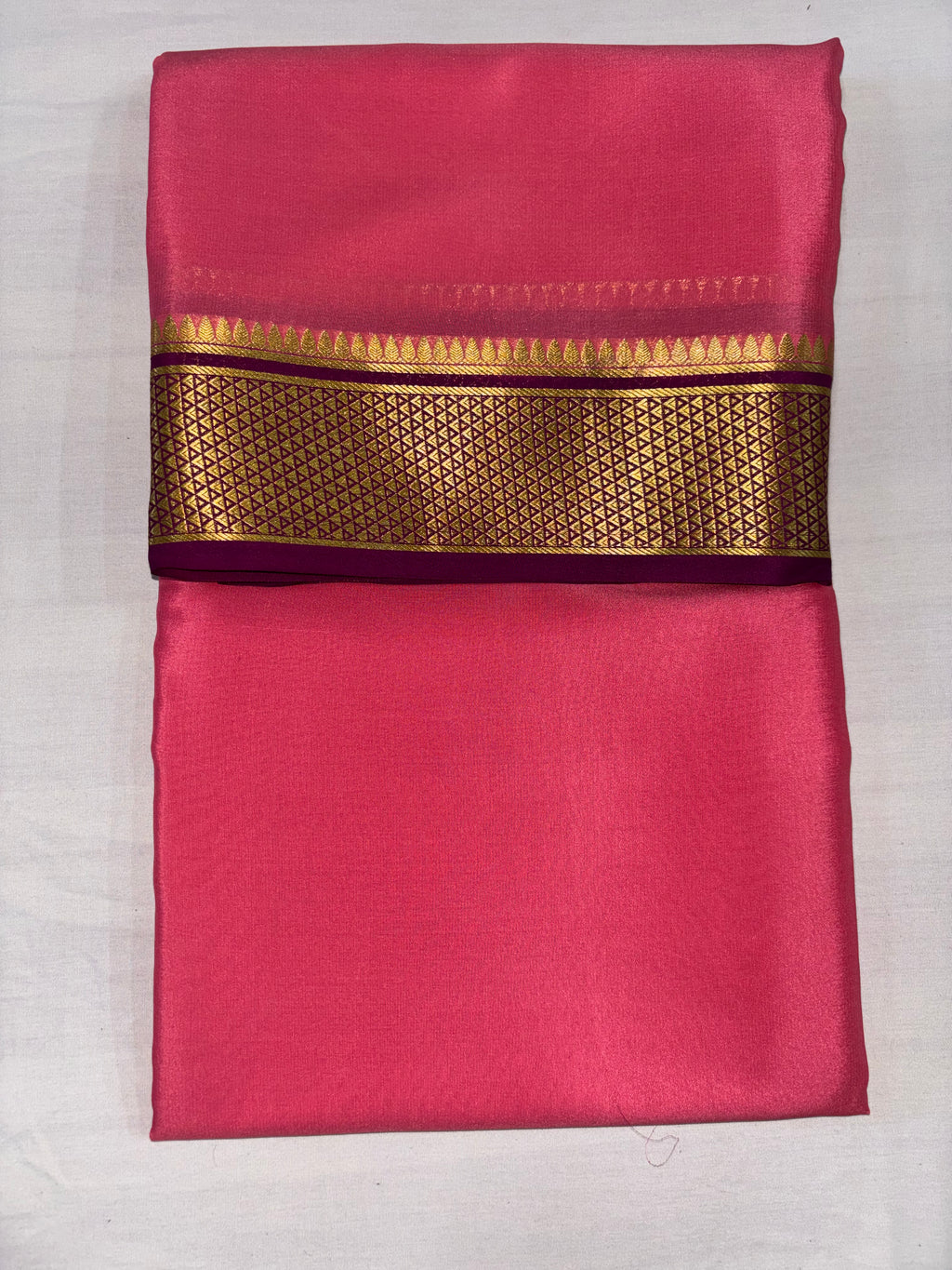 100 GSM Pure Mysore Silk Saree, Diamond Border, Dark Pink With Purple Border