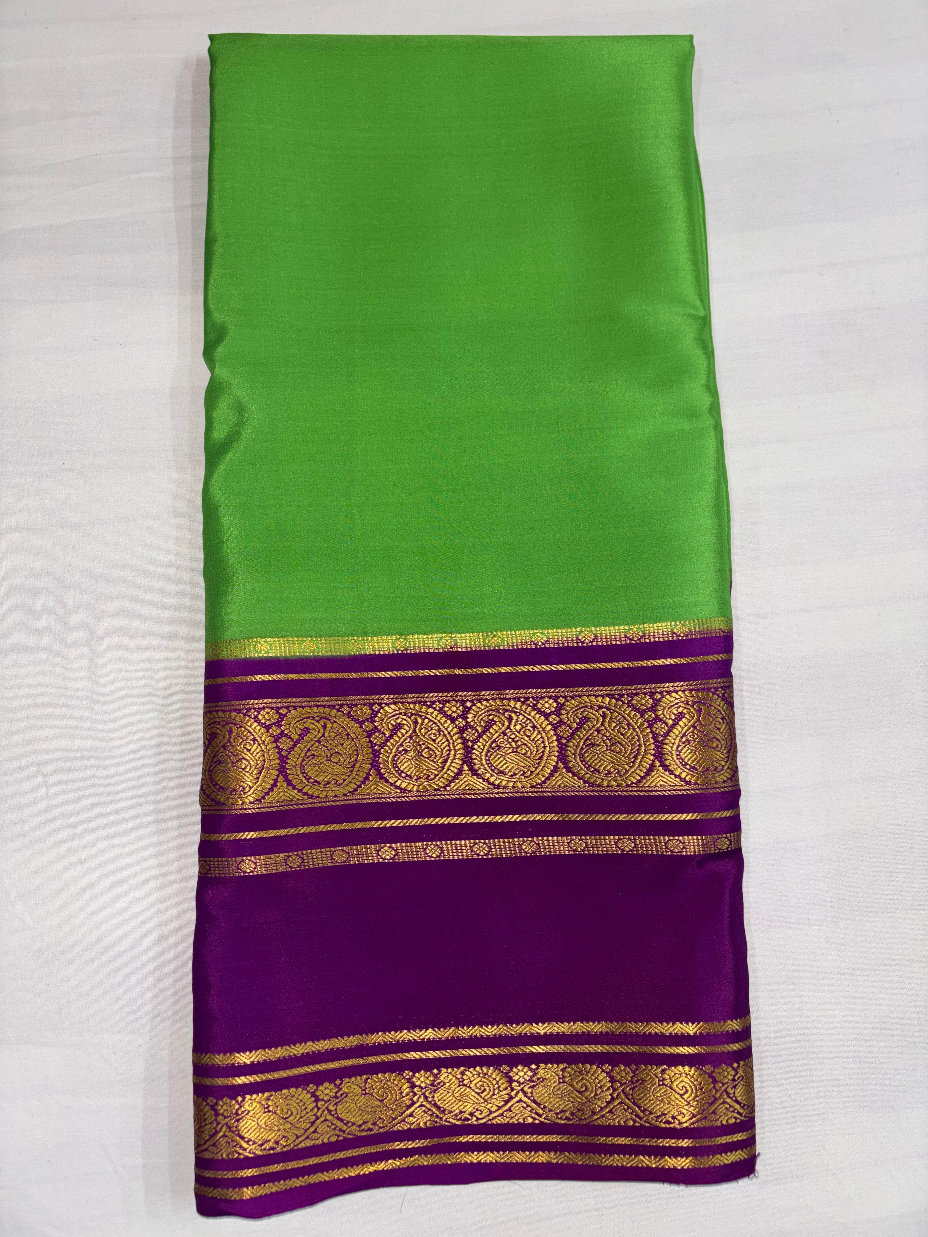 100 Grams Crepe Pure Mysore Silk, Benttex Double Border, Green With Purple Combination