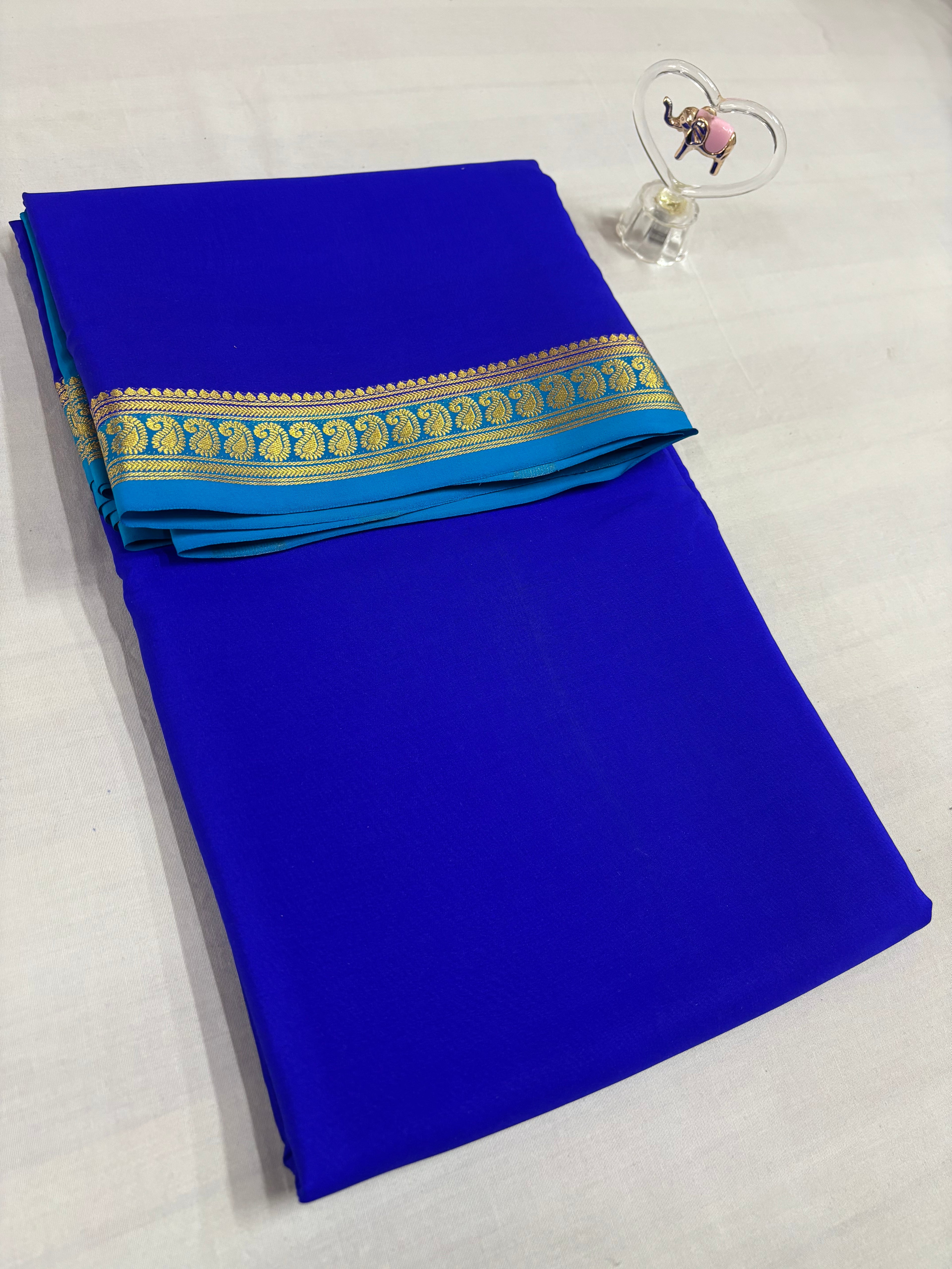 120 GSM Pure Crepe Mysore Silk, Small Mango Border,With Contrast ,Blue And Ananda