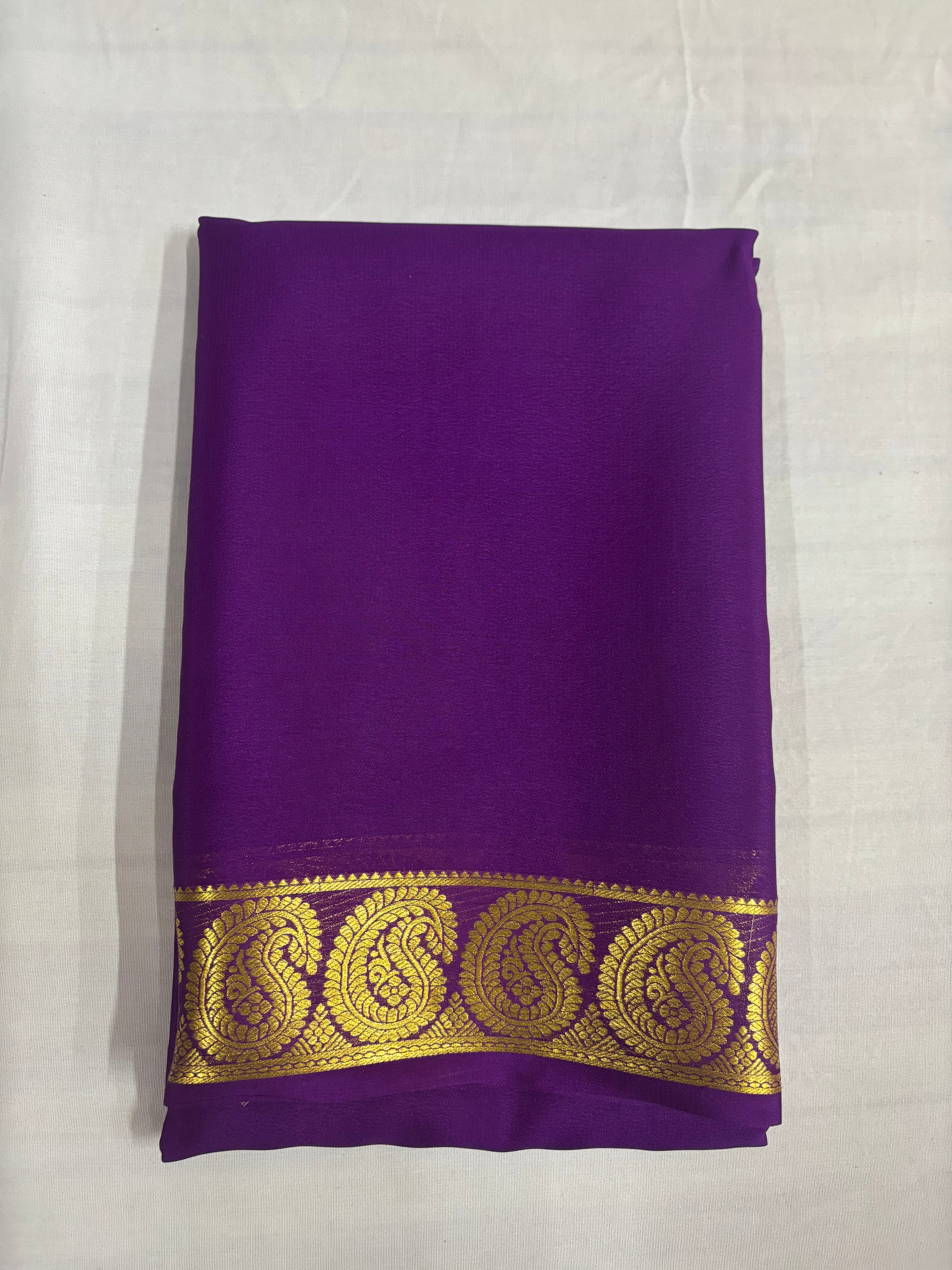 65 GSM Pure Mysore Silk Saree , Mango Border-Purple Self Colour
