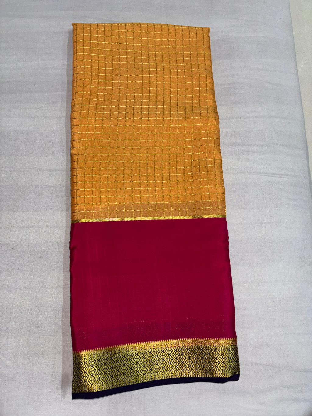 100 GSM 3D Pure Mysore Silk Saree ,Light Orange ,Magenta and Navy Blue