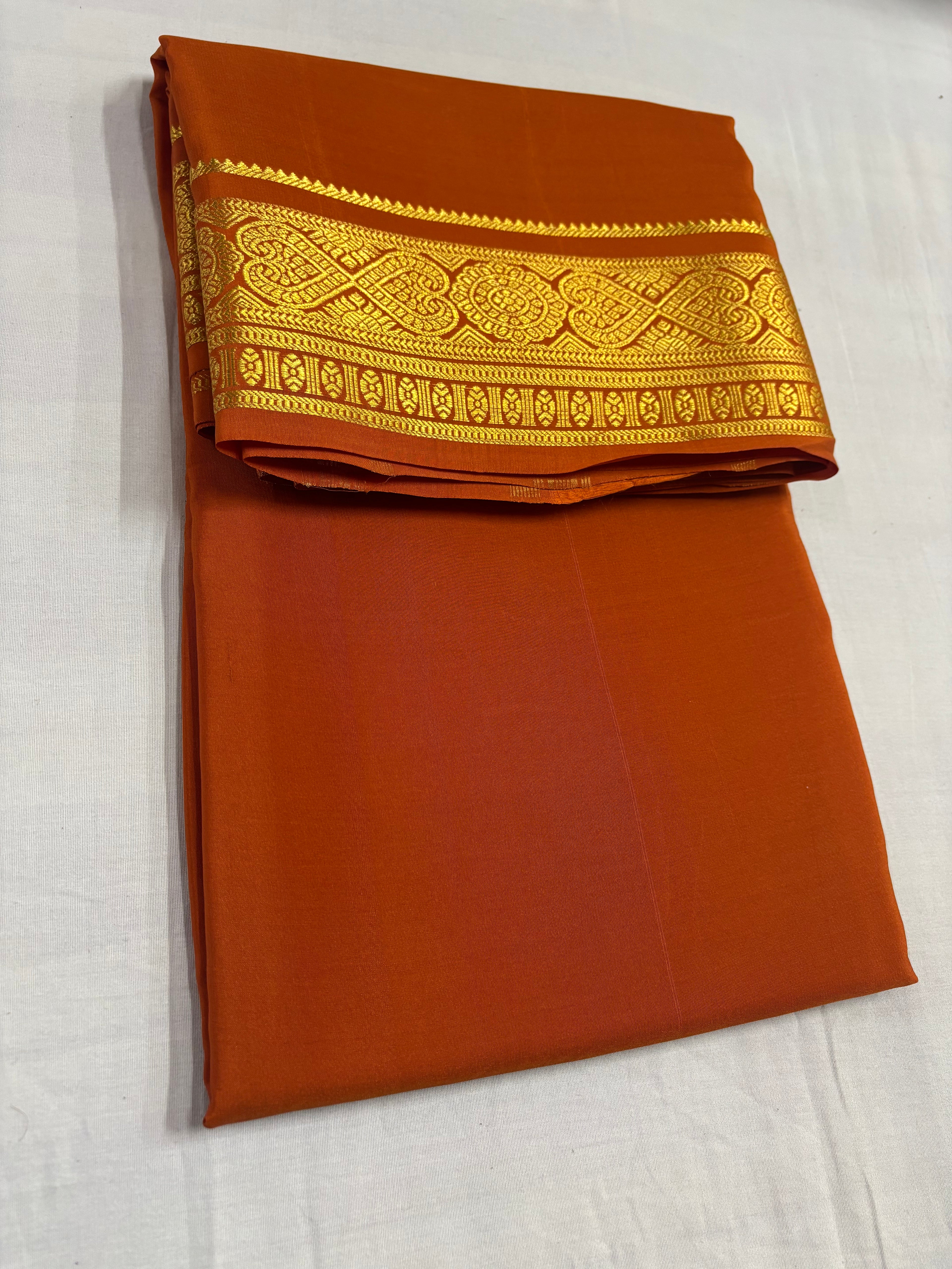 100 GSM Pure Mysore Silk Self Colour With 3-Inch Border Orange Colour Saree