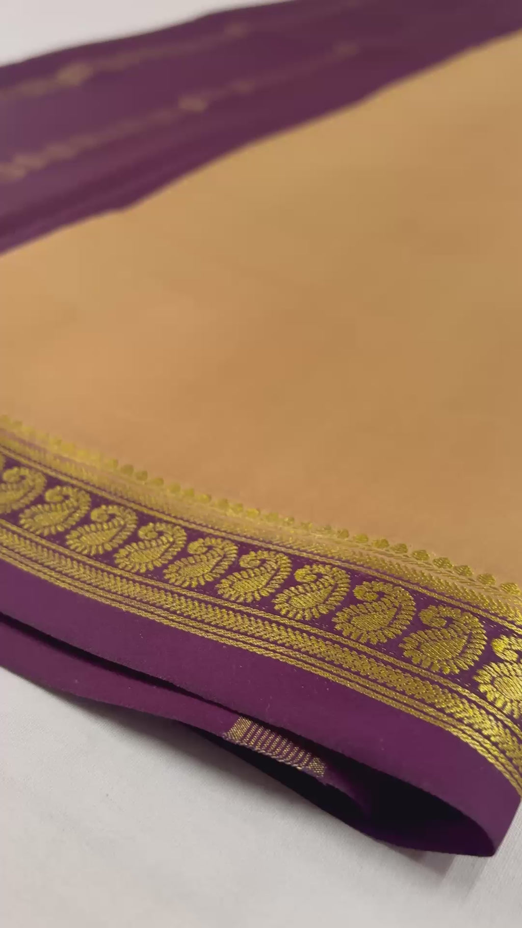 120 GSM Pure Crepe Mysore Silk, Small Mango Border,With Contrast ,Ananda And Pink