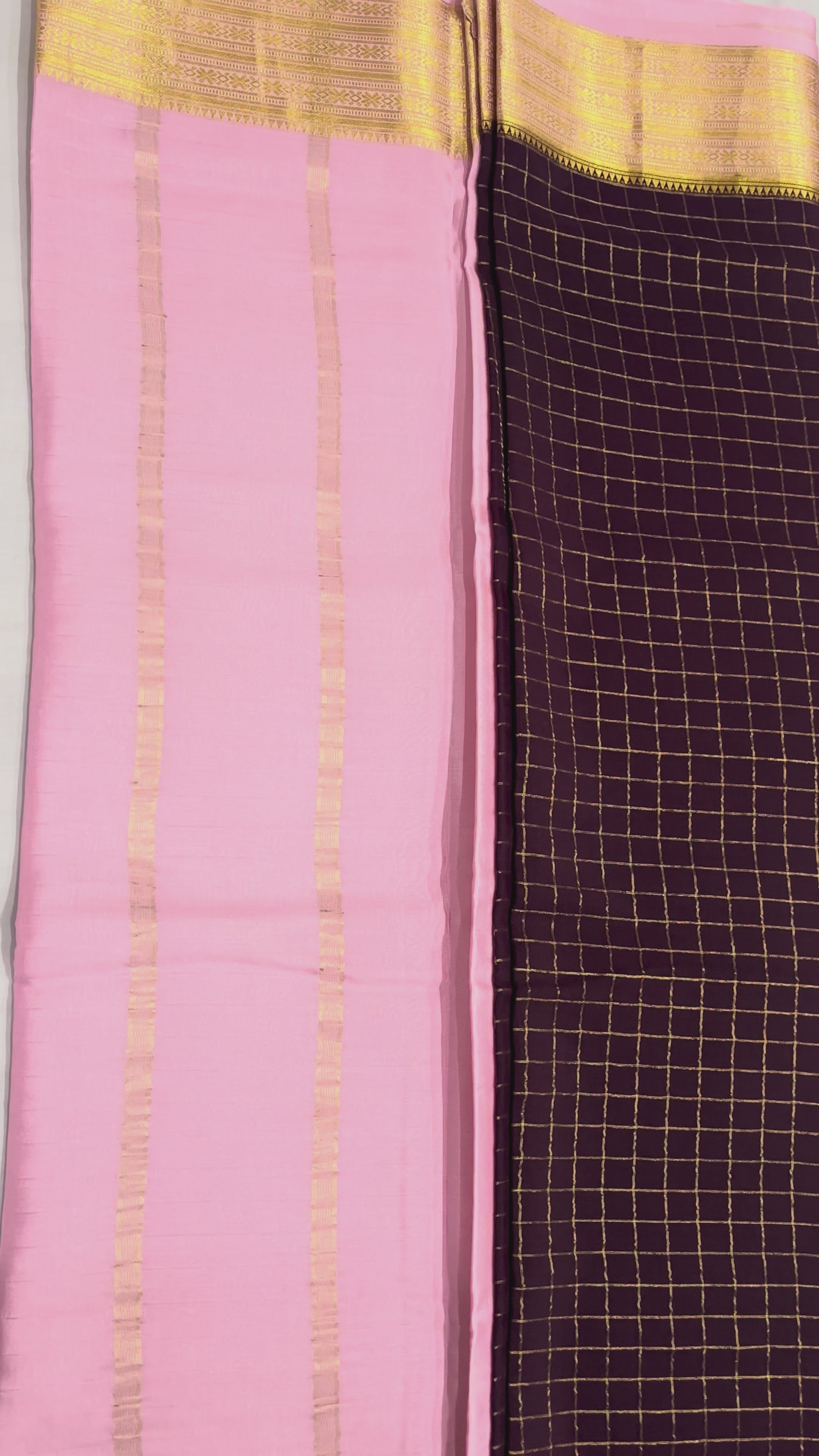 100 GSM Pure Crepe Mysore Silk Checks Saree – Light Green with Purple Contrast Border