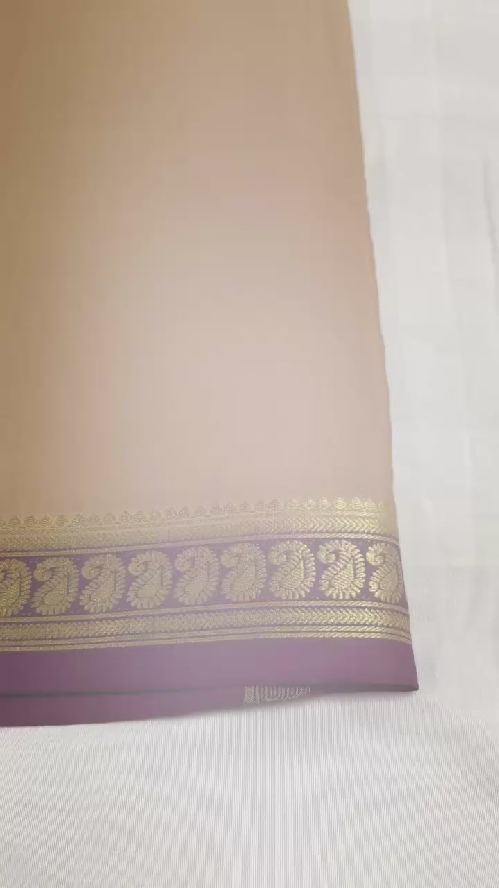 120 GSM Pure Crepe Mysore Silk, Small Mango Border,With Contrast ,Ananda And Pink